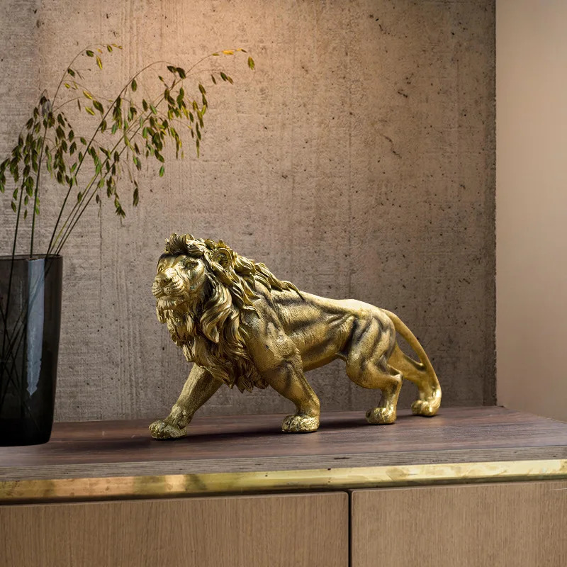 Golden Lion King Action Figure Resin Ornament Home Office Desktop Animal Statue Decoration Room Decor Gifts Boyfriend