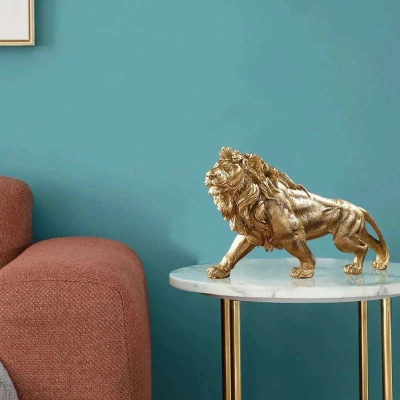 Golden Lion King Action Figure Resin Ornament Home Office Desktop Animal Statue Decoration Room Decor Gifts Boyfriend