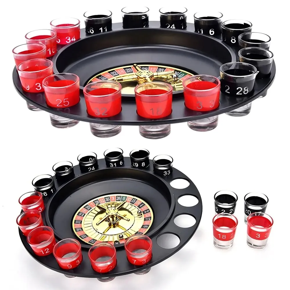 Shot Glass Roulette -juomapelisetti - 16 Shot Glass -lasia pyörivällä rulettipyörällä - Aikuisten juhlapeli peli-iltoille