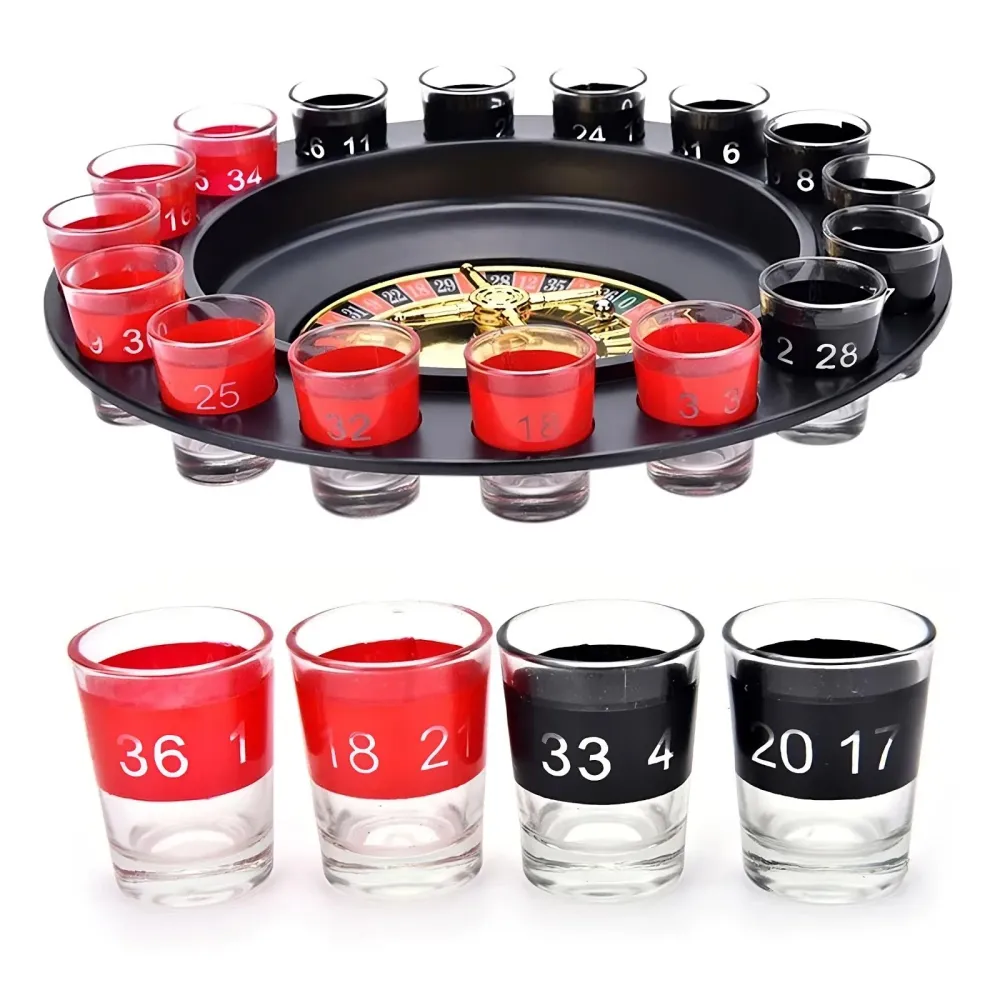 Shot Glass Roulette -juomapelisetti - 16 Shot Glass -lasia pyörivällä rulettipyörällä - Aikuisten juhlapeli peli-iltoille