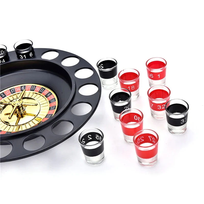 Shot Glass Roulette -juomapelisetti - 16 Shot Glass -lasia pyörivällä rulettipyörällä - Aikuisten juhlapeli peli-iltoille