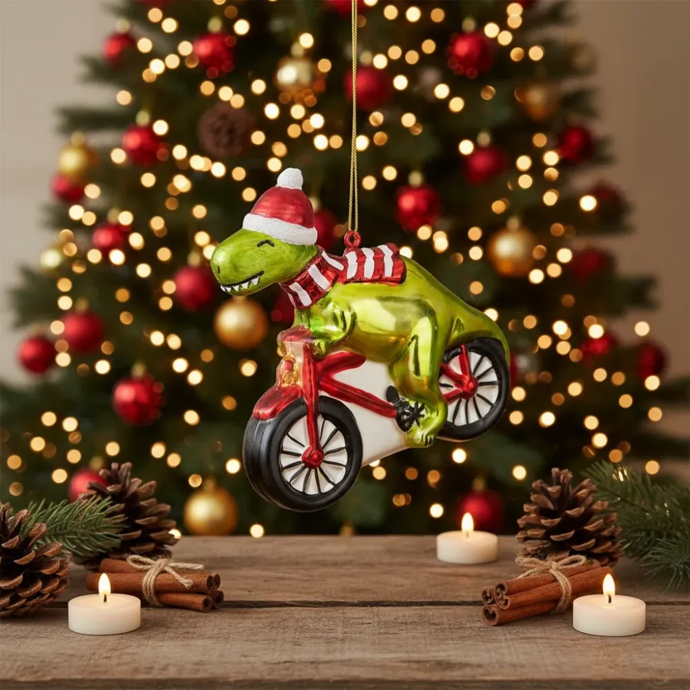 Dinosauruksen joulupallo polkupyörällä