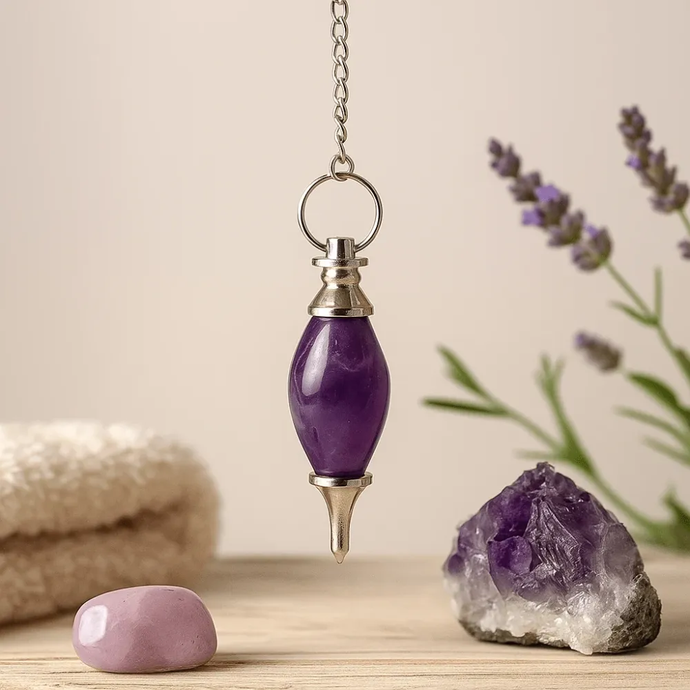 Ametistikristalli heiluri lingam-muodossa