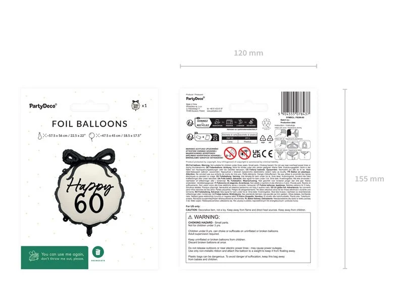60 vuotta helium ilmapallo musta valkoinen 53cm