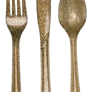Gold ruokailuvälineet Glitter Muovi 24kpl
