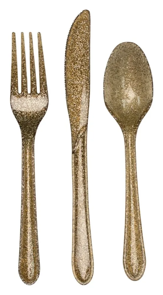 Gold ruokailuvälineet Glitter Muovi 24kpl