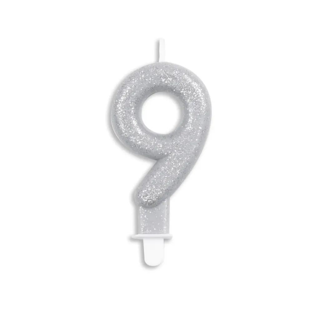Kynttilä 9 vuotta Hopea Glitter 7cm