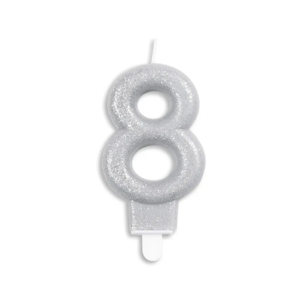 Kynttilä 8 vuotta Hopea Glitter 7cm