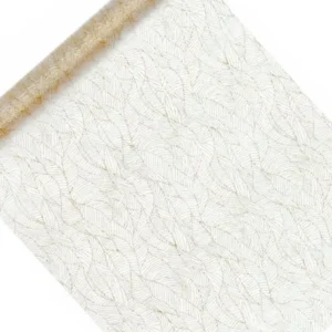 Valkoinen Organza kangas Golden Leaves 48cm 9m