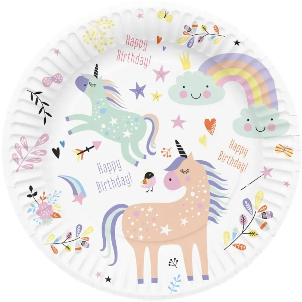 Paperilautaset - Yksisarviset ja sateenkaaret - 23 cm - 8 kpl