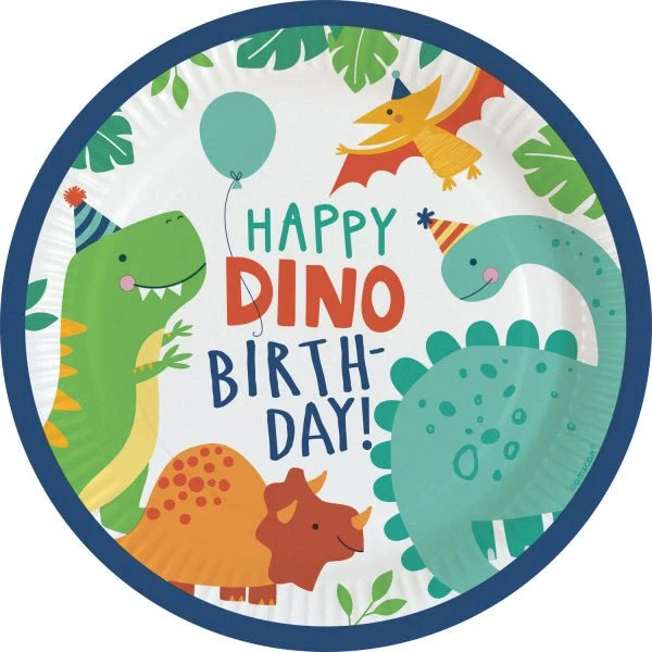 Värilliset Dino lautaset Hyvää syntymäpäivää 23cm 8kpl