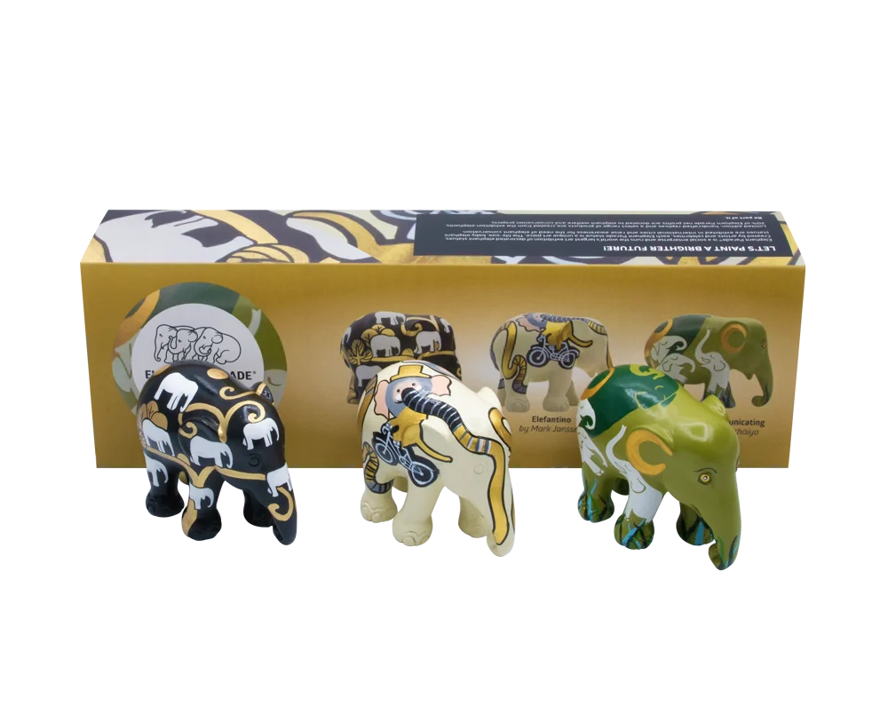 Elephant Parade monipakkaus norsuja Elephantasy - Goldie + vauvanorsu + norsut kommunikoivat
