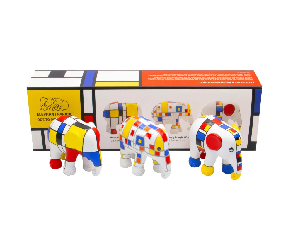 Elephant Parade multipack norsut Ode Mondriaan – Nipon Kaewkumdee, Esther Springer Hommage to Mondriaan + Hommage to Victo...
