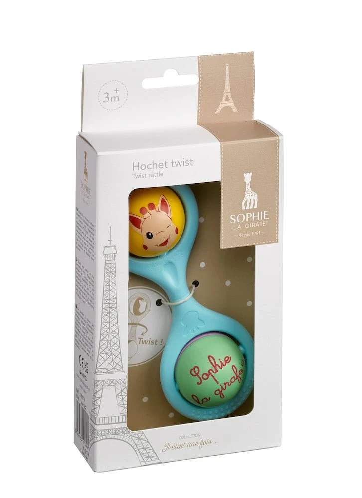 Sophie kirahvi Rattle Twist sininen Beige lahjapakkauksessa
