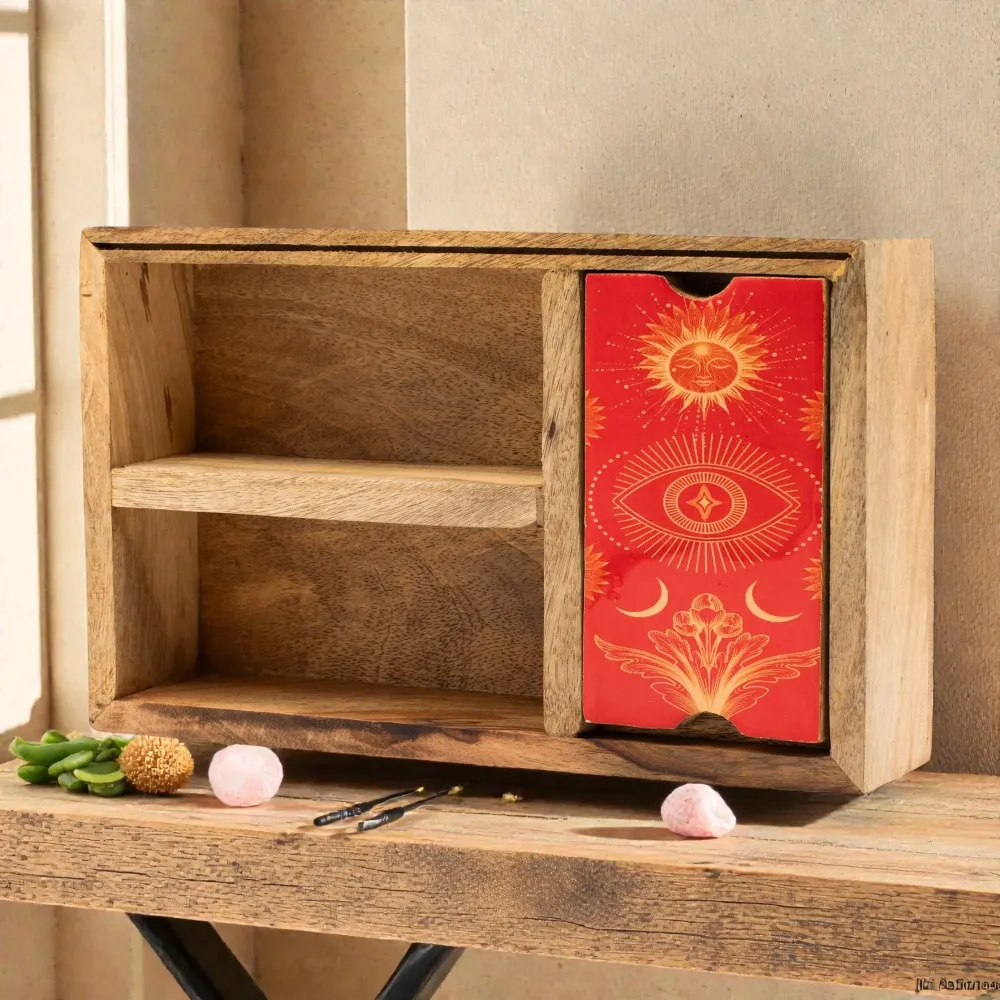 Kolmiosainen tarot-laatikko korttitelineellä