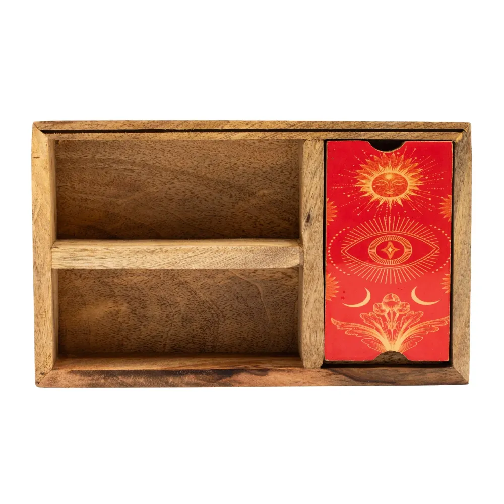 Kolmiosainen tarot-laatikko korttitelineellä