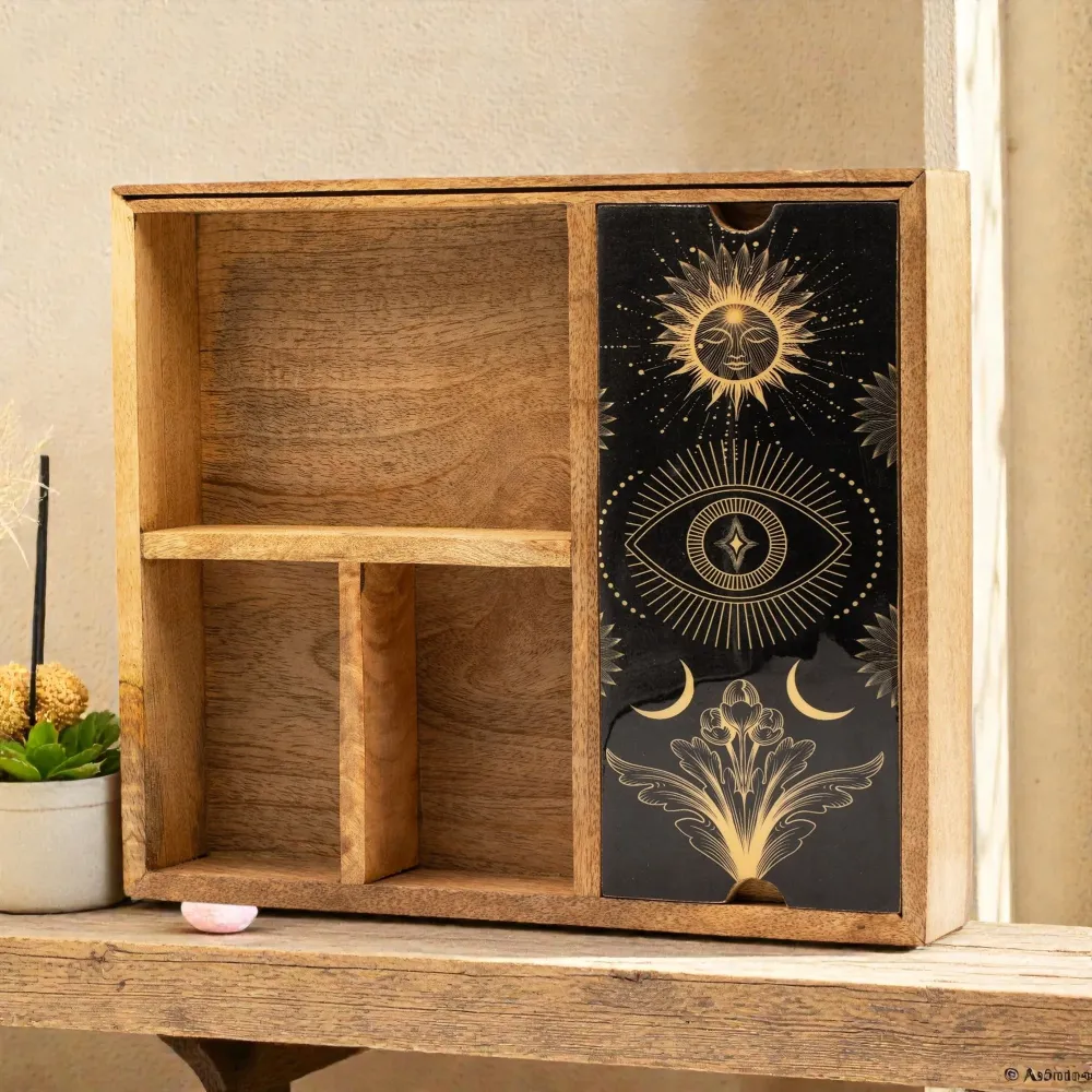 Neljän osaston tarot-laatikko korttitelineellä