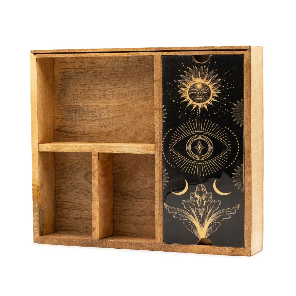 Neljän osaston tarot-laatikko korttitelineellä
