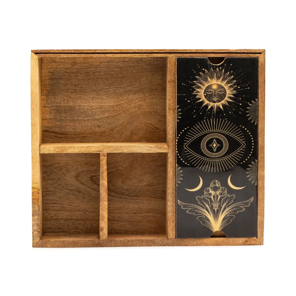 Neljän osaston tarot-laatikko korttitelineellä
