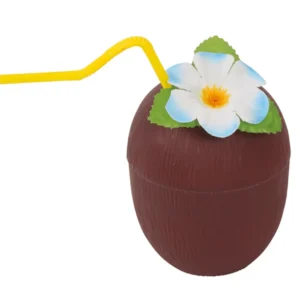 Kookospähkinä lasi olki ja kukka