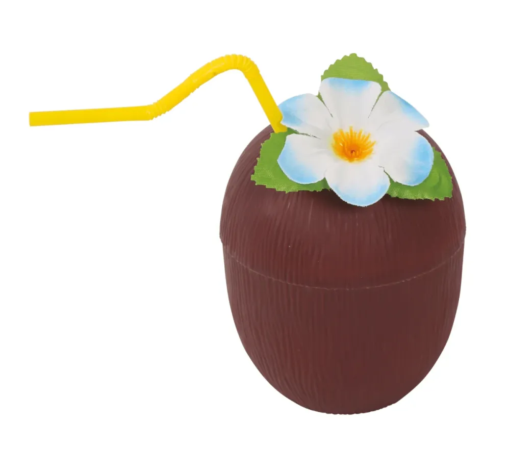 Kookospähkinä lasi olki ja kukka